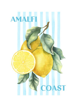 Lemon fruit and slice Amalfi coast poster of Positano style. Citrus fruits Mediterranean Italy on watercolor blue stripes background. Summer Italian vintage composition for kitchen decor, postcards