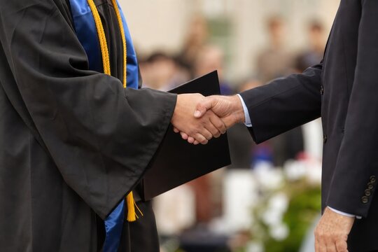 Graduate shaking hands with school official while receiving diploma at commencement ceremony, proud, formal, celebratory academic achievement close-up with shallow depth of field