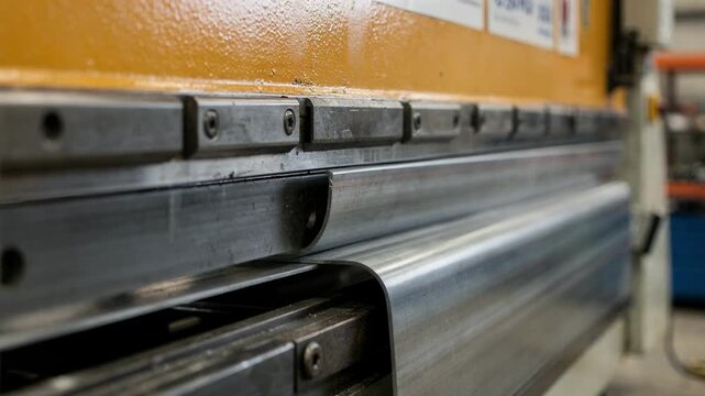 Medium shot of a sheet metal bending press shaping smooth bends in steel blanks highlighting the precise forming of flanges with mechanical efficiency.