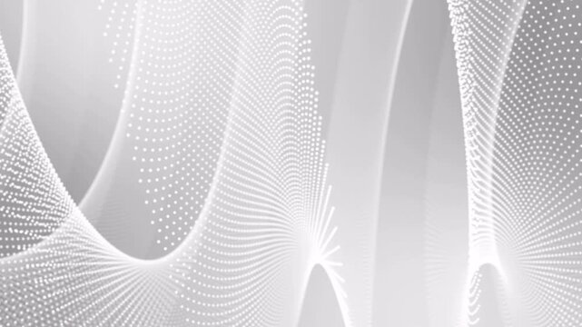A minimalist abstract background featuring a wave of white dots that move smoothly and dynamically in a continuous loop.