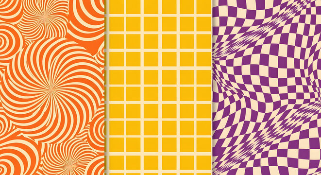 Vibrant geometric patterns with swirling circles and bold yellow cross on purple checkered background