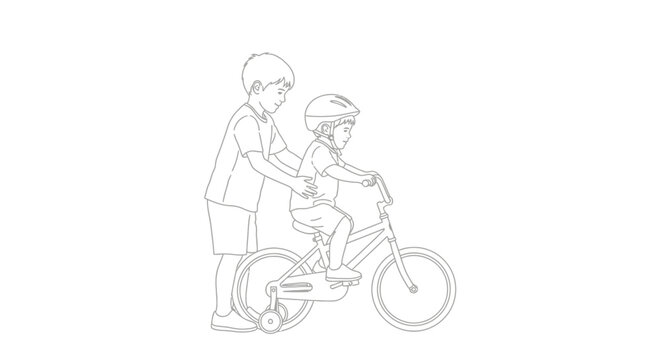 Adult teaching child how to ride a bicycle safely.