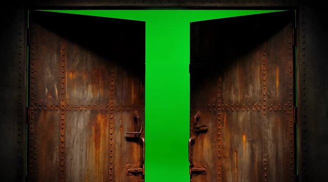 Heavy Rusted Metal Double Doors Opening to Bright Green Screen Chroma Key Background Dramatic Lighting and Riveted Surface Texture Creates an Entrance or Exit Portal Illusion