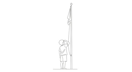 Fototapeta premium Young cadet standing at attention saluting flagpole.