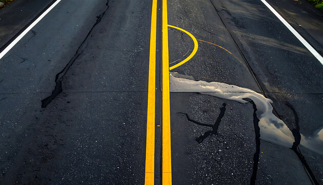 Cracked asphalt road surface with yellow double lines, wet patches, and white lane markers, viewed from directly above.