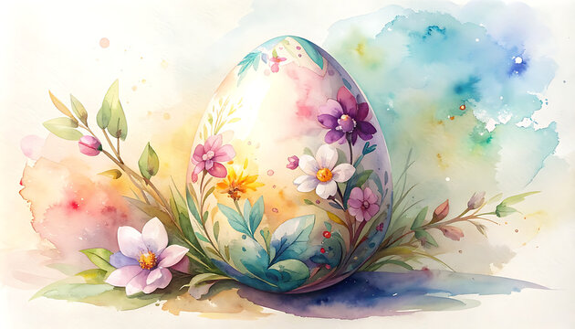Decorative easter egg with floral pattern and spring flowers, watercolor style, celebrating easter and springtime