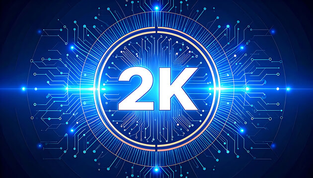 Digital abstract background with glowing 2k resolution symbol, circuit board pattern, blue lights, and futuristic technology concept