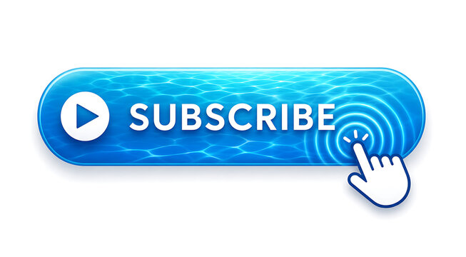 A hand cursor clicks subscribe button with play icon on blue gradient