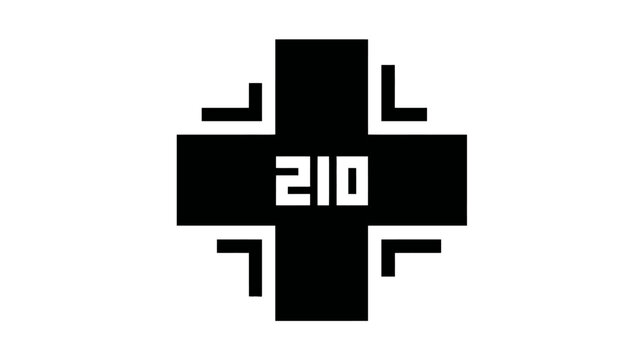 Black geometric cross shape with the number 210 centered inside on a plain white background, minimalist graphic illustration