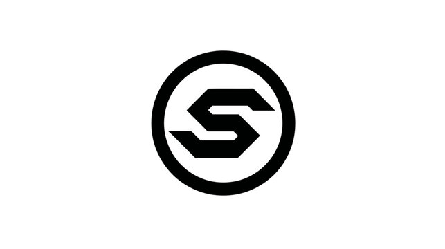 Modern black letter S icon in a circle, minimalist abstract geometric symbol design element, clean graphic initial on white background.