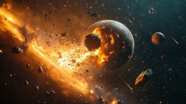 Epic space scene with planets and fiery asteroids colliding deep cosmos dramatic explosion with glowing debris and cosmic dust creating powerful sci fi universe concept with high contrast and energy