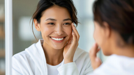 Obraz premium Close-up of a woman smiling at her reflection in a mirror touching her glowing skin with satisfaction, positive skincare concept, smiling mirror photography, healthy skin