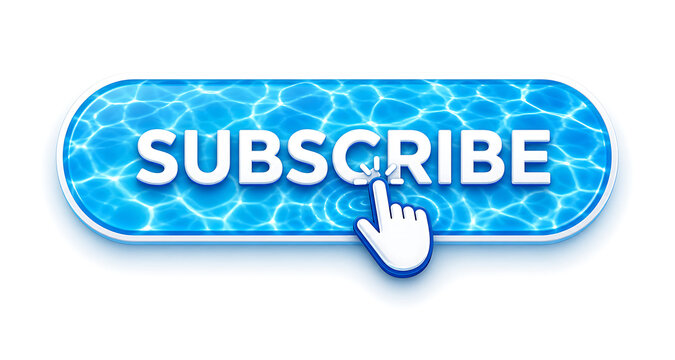A hand cursor clicks subscribe button on blue water ripple background