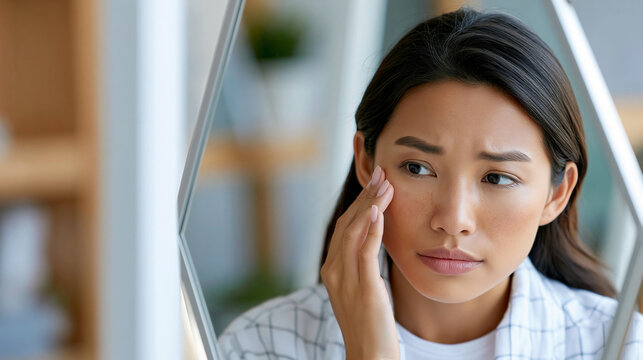 Close-up of a concerned young Asian woman examining facial skin hyperpigmentation in a mirror, skin pigmentation concept, Asian skin examination photography, melasma awareness