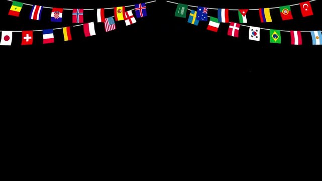 4K Animation of Flags garland of different countries and golden confetti