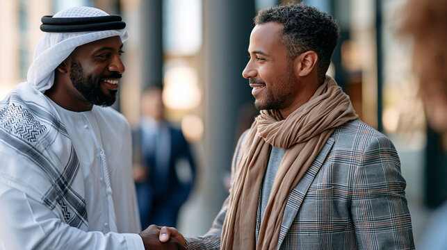 A businessman in a soft kandora and ghatra greets softly a calm colleague with a bright warm smile in a modern financial plaza in soft daylight plaza greeting modern plaza