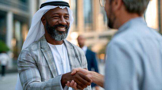 A businessman in a soft kandora and ghatra greets softly a calm colleague with a bright warm smile in a modern financial plaza in soft daylight plaza greeting modern plaza