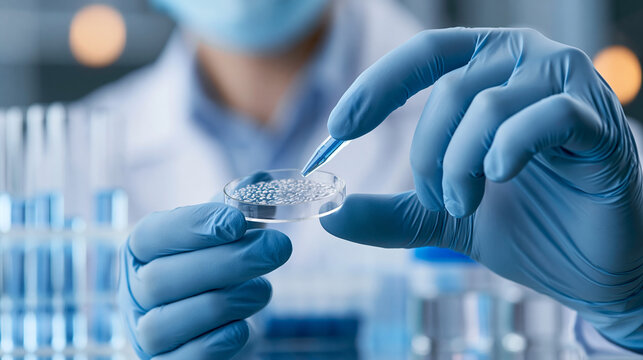 Close-up of a medical researcher's hands examining a synthetic skin graft in a sterile lab, tissue engineering concept, lab skin photography, medical testing innovation