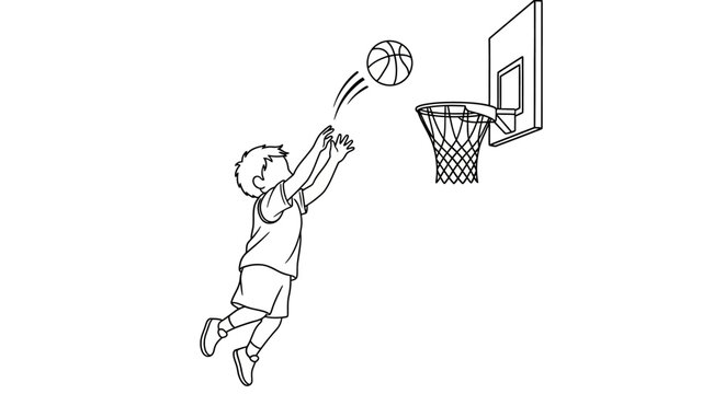 Young child practicing basketball dunk on hoop illustration.