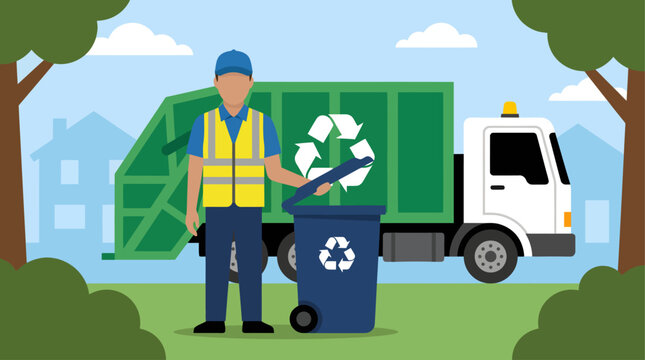 A dedicated sanitation worker wearing a bright yellow safety vest opening a blue bin near a large green recycling truck parked on a quiet residential street on a sunny afternoon