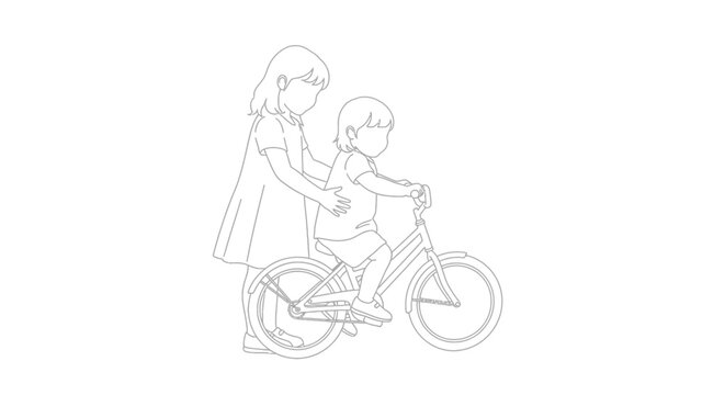Adult teaching child how to ride a bicycle together.