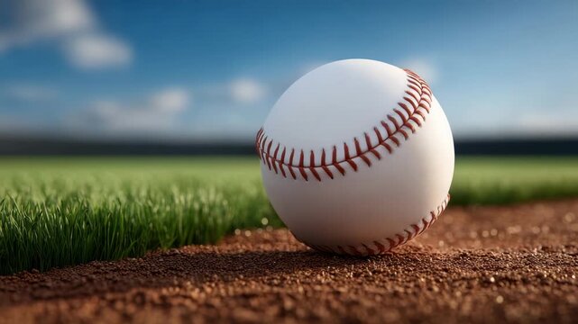 Baseball ball on dirt field near grass under blue sky, close up white ball with red stitch and sports equipment on outdoor field, soft focus scene for SEO searchability