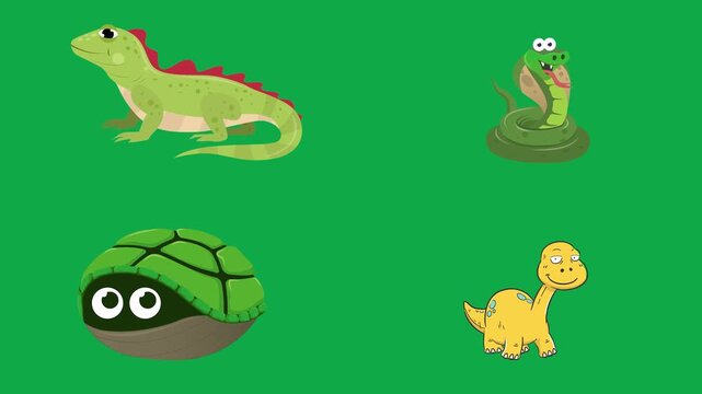Lizard Snake Turtle Dinosaur animation on green screen chroma key background flat lighting no shadow flush edge isolated minimal animated character perfect compositing vfx asset high quality render