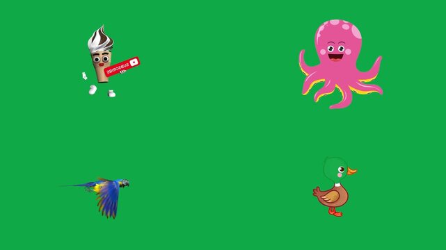 Character Octopus Canary Duck animation on green screen chroma key background flat lighting no shadow flush edge isolated minimal animated character perfect compositing vfx asset high quality render