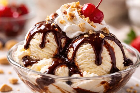 Vanilla ice cream sundae with chocolate sauce whipped cream nuts and cherry in glass bowl refreshing