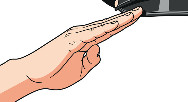 Close up of a hand gently touching a smooth black surface, possibly a container or machine part