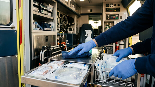 Paramedic hands cleaning ambulan&hellip; isolated on a clean white background