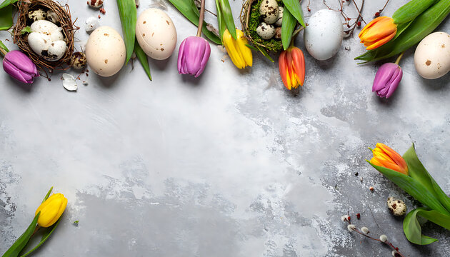 Easter holiday border with tulips, quail eggs, and nests on textured gray background, spring celebration elements