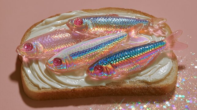 surreal cream cheese toast with translucent iridescent candy fish