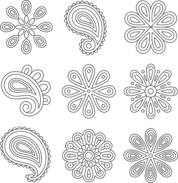 Ornate paisley and floral motifs with clean lines on white for graphic design and textile patterns