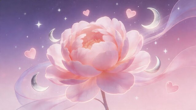 Pink flower with moons and hearts