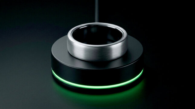Macro shot of silver smart ring Health Tech on magnetic charging dock station with green LED indicator light fully charged