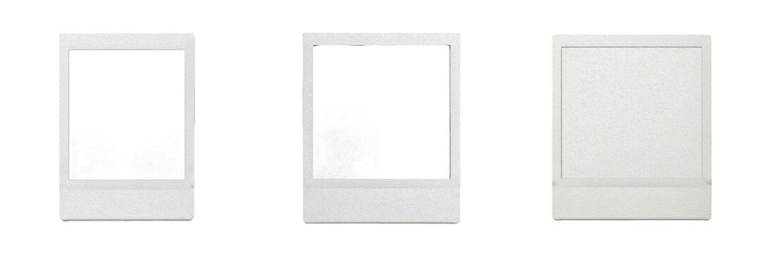 Empty vintage polaroid photo frames set isolated on white background, classic instant film borders for photography display, blank square paper card templates for memories, realistic mockup collection 
