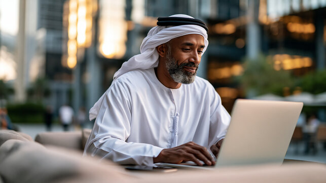 A businessman in a crisp white kandora and ghatra sits at a soft outdoor table working on a bright laptop in a calm modern financial plaza in golden daylight outdoor work modern