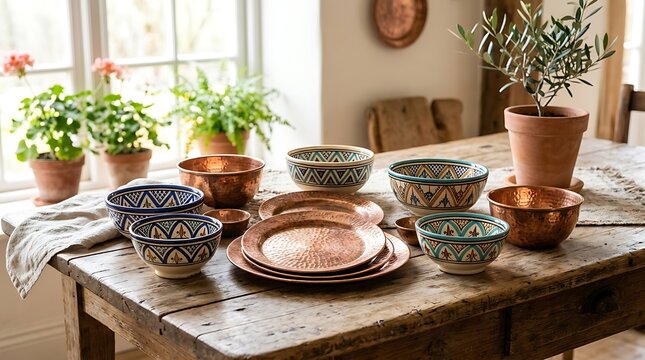 Artisanal Moroccan Ceramic and Copper Tableware on Rustic Wood Table