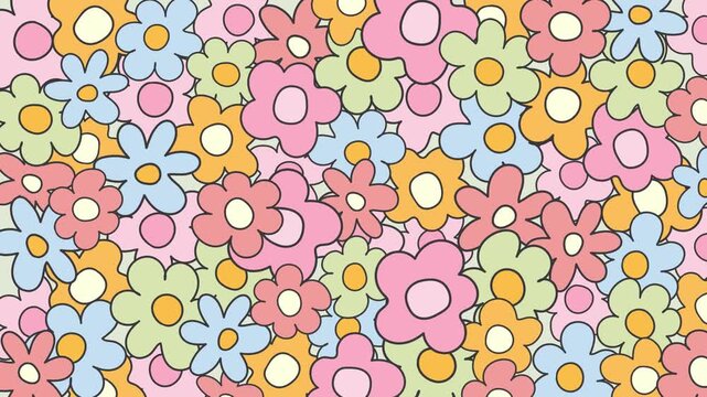 4K video animation of cute pastel pattern with flowers popped looping and rotate motion graphic on green background, seamless background with flowers, repeated geometric motif video. Summer floral