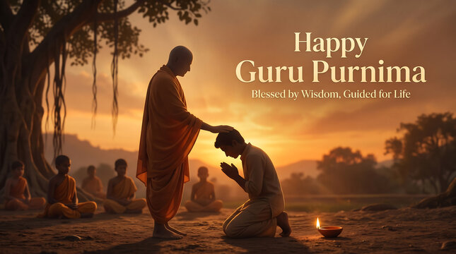 Guru purnima celebration with spiritual leader and devotee in nature at sunset