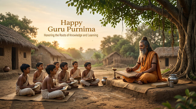 Guru purnima celebration with students learning from a wise old guru in a traditional indian village setting at sunset