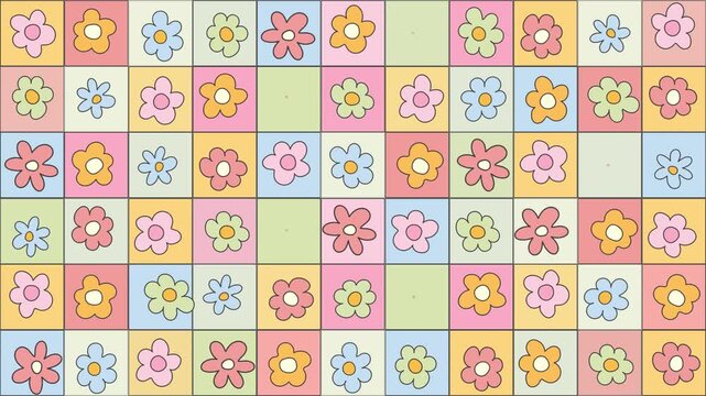4k footage animation of trendy checkerboard pattern with flowers. Summer floral design. greeting card, banners, web, wrapping fashion,wallpaper. Groovy, funky, trippy, psychedelic, floral, hippie
