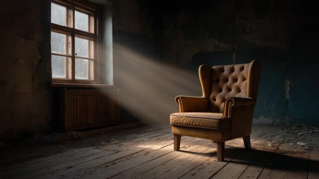 Abandoned room with chair window light dusty wooden floor old interior moody scene rustic wall soft beam lonely atmosphere armchair window sunlight beam shadow room wooden floor interior empty rustic