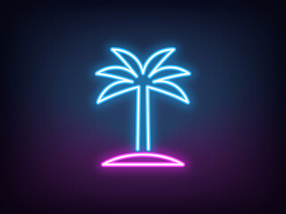 Obraz premium Outline neon palm tree, blue magenta. Neon coconut palm tree, tropical oasis. Exotic palm island and tropical paradise, summer holiday in Hawaii, California beach, vacation in Miami. Vector