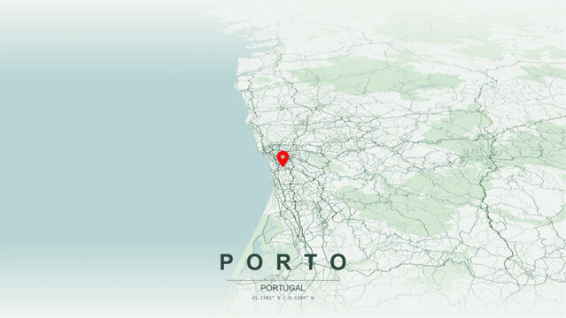 Modern minimalist vector map of Porto, Portugal. High-quality scalable illustration of Porto city grid, historic Ribeira district, Douro River canyon, Dom Luis I Bridge axis for posters and design.