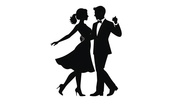 Elegant dancing couple silhouette, man in tuxedo and woman in flowing dress, mid-twirl, celebrating romance and togetherness