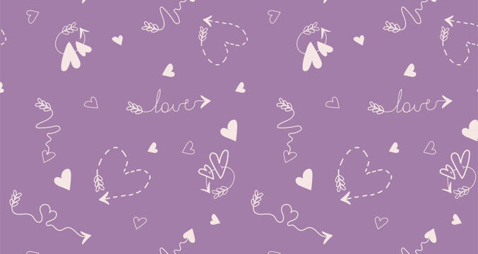 Dreamy lavender seamless love pattern with playful hearts arrows and romantic sketches
