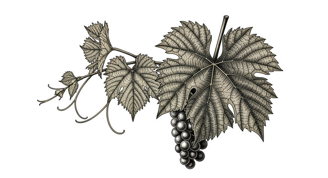 Detailed illustration of a grapevine with leaves and a bunch of grapes botanical art.
