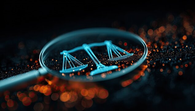Magnified scales of justice symbolize legal scrutiny and fairness with glowing particles